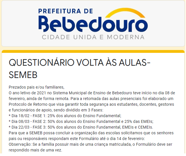 Bebedouro lança questionário para famílias decidirem sobre volta às aulas