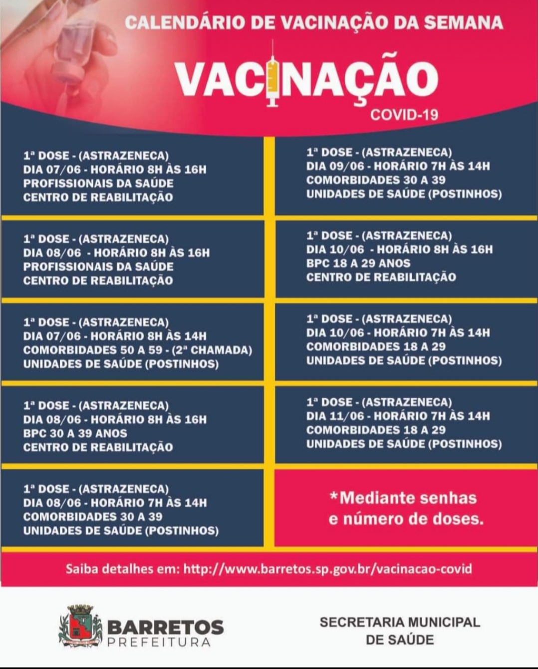 Confira o cronograma de vacinação da semana em Barretos