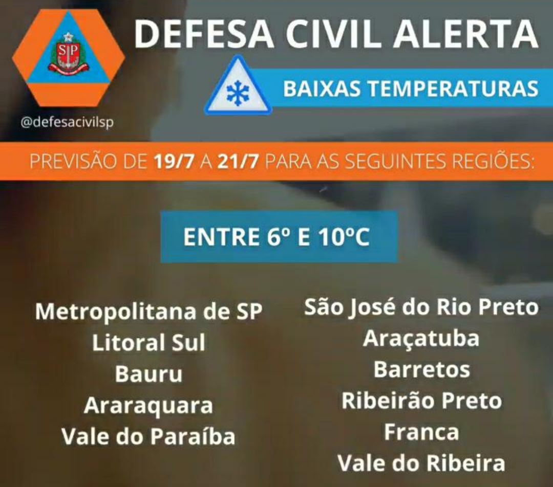 Defesa Civil emite alerta para queda de temperatura