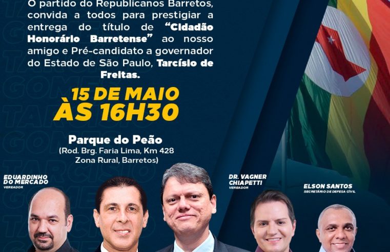 Presidente do Republicanos confirma visita  do ex-ministro Tarcisio Freitas a Barretos