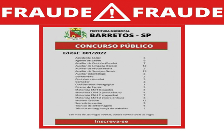 Notícia sobre concurso público da prefeitura de Barretos é falsa