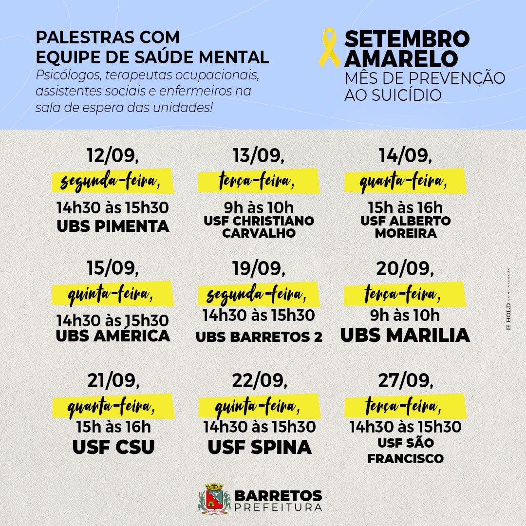 Setembro Amarelo: Prefeitura da Estância Turística de Barretos realiza programação sobre prevenção ao suicídio