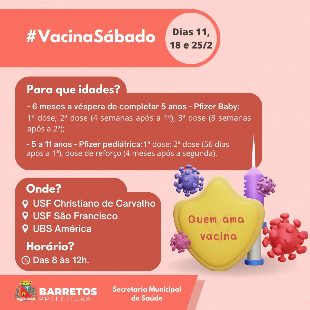 Barretos vacina crianças neste sábado, dia 11, das 8 às 12h