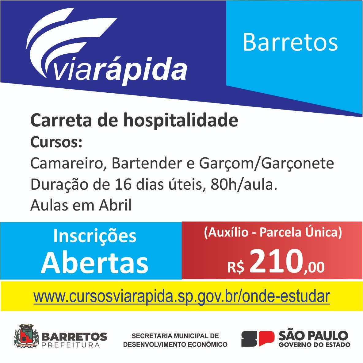 Barretos recebe carreta do Via Rápida Emprego com 60 vagas para capacitações na área de hospitalidade