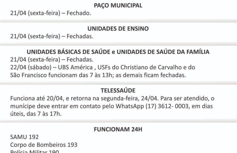 Confira o funcionamento das repartições públicas municipais em função do Feriado de Tiradentes