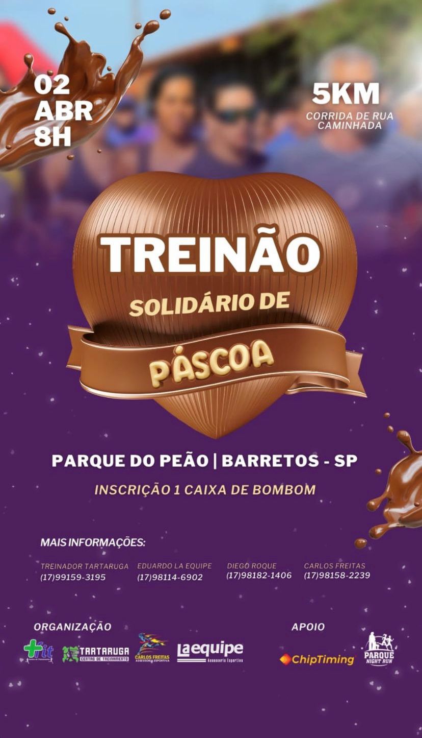 Treinão Solidário terá arrecadação de chocolate na inscrição