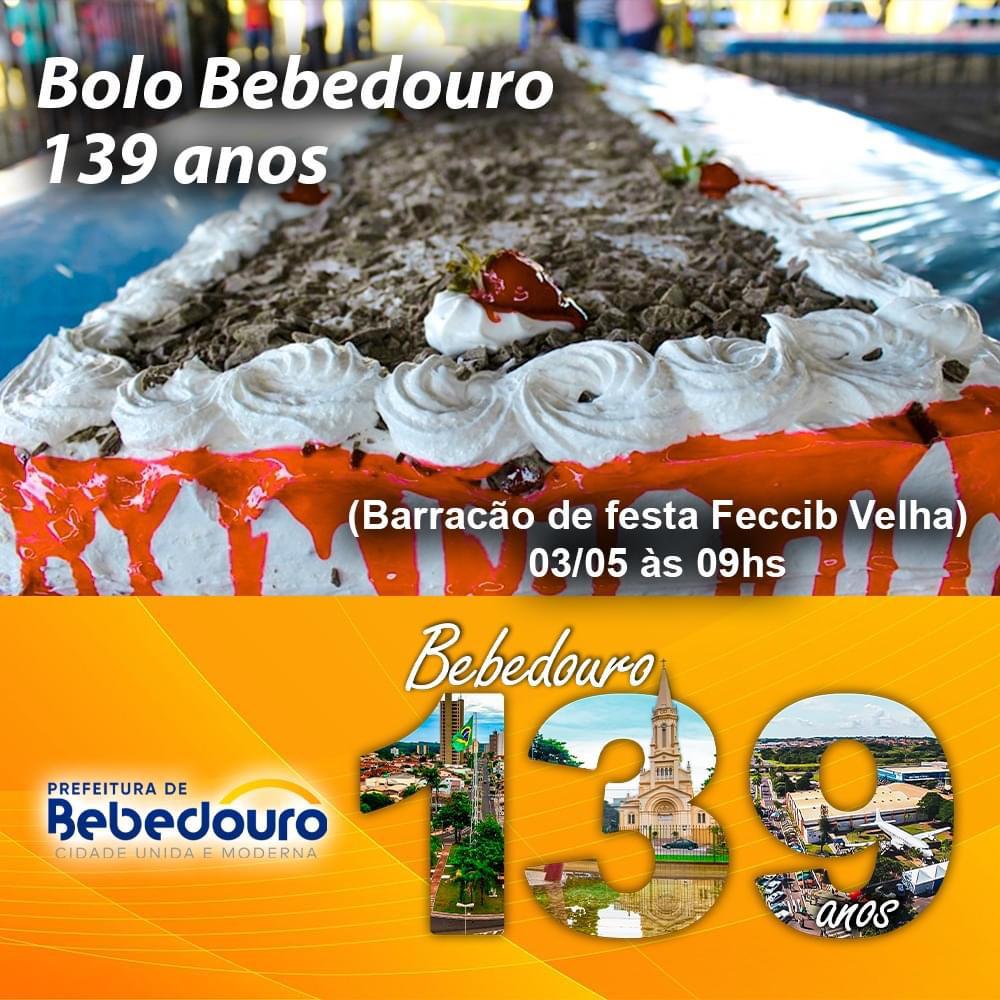 Aniversário de Bebedouro terá corte do bolo comemorativo no dia 3 de maio