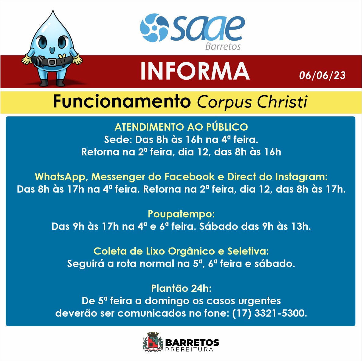 Feriado de Corpus Christi: Confira o expediente do SAAE Barretos