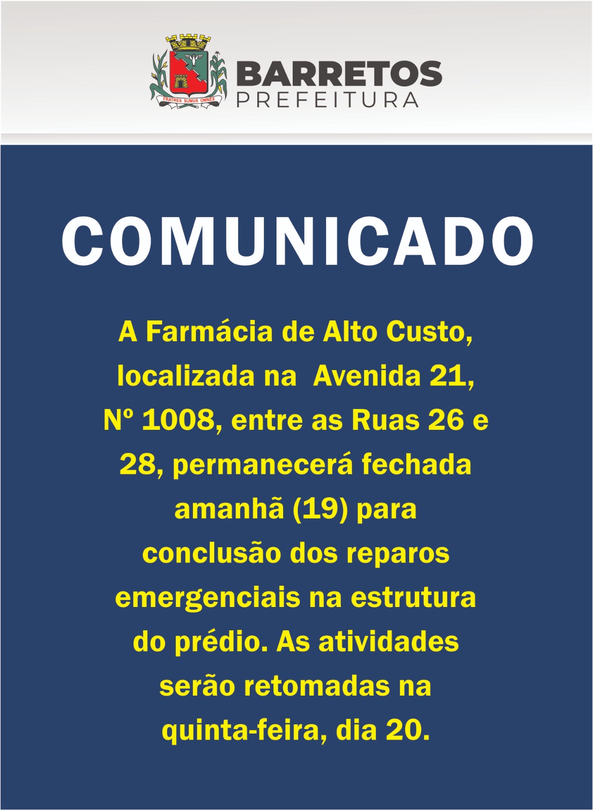 Farmácia de Alto Custo passa por reparos emergenciais e não terá atendimento nesta quarta-feira, dia 19