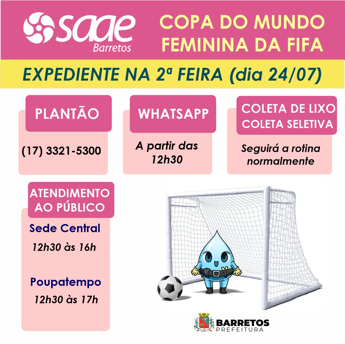 Copa do Mundo Feminina: SAAE Barretos divulga horário de expediente na segunda-feira (24)