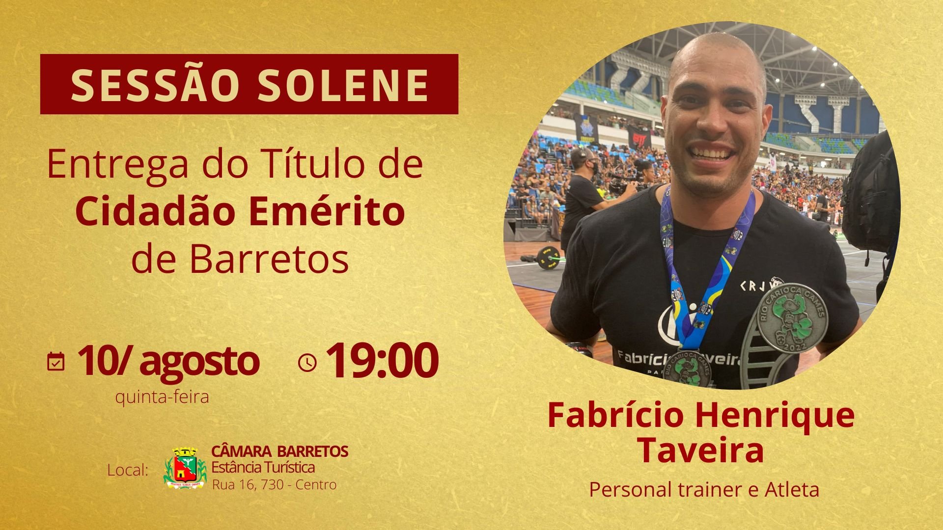 Câmara agenda entrega do Título de Cidadão Emérito de Barretos ao personal trainer e atleta, Fabrício Taveira