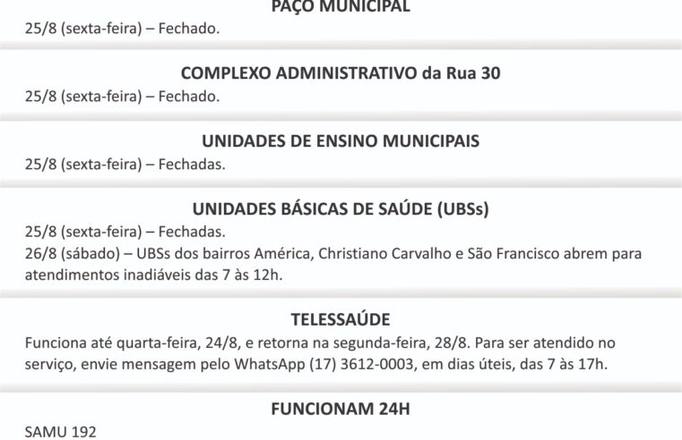 Confira o funcionamento das repartições públicas municipais e de serviços no feriado de aniversário de Barretos