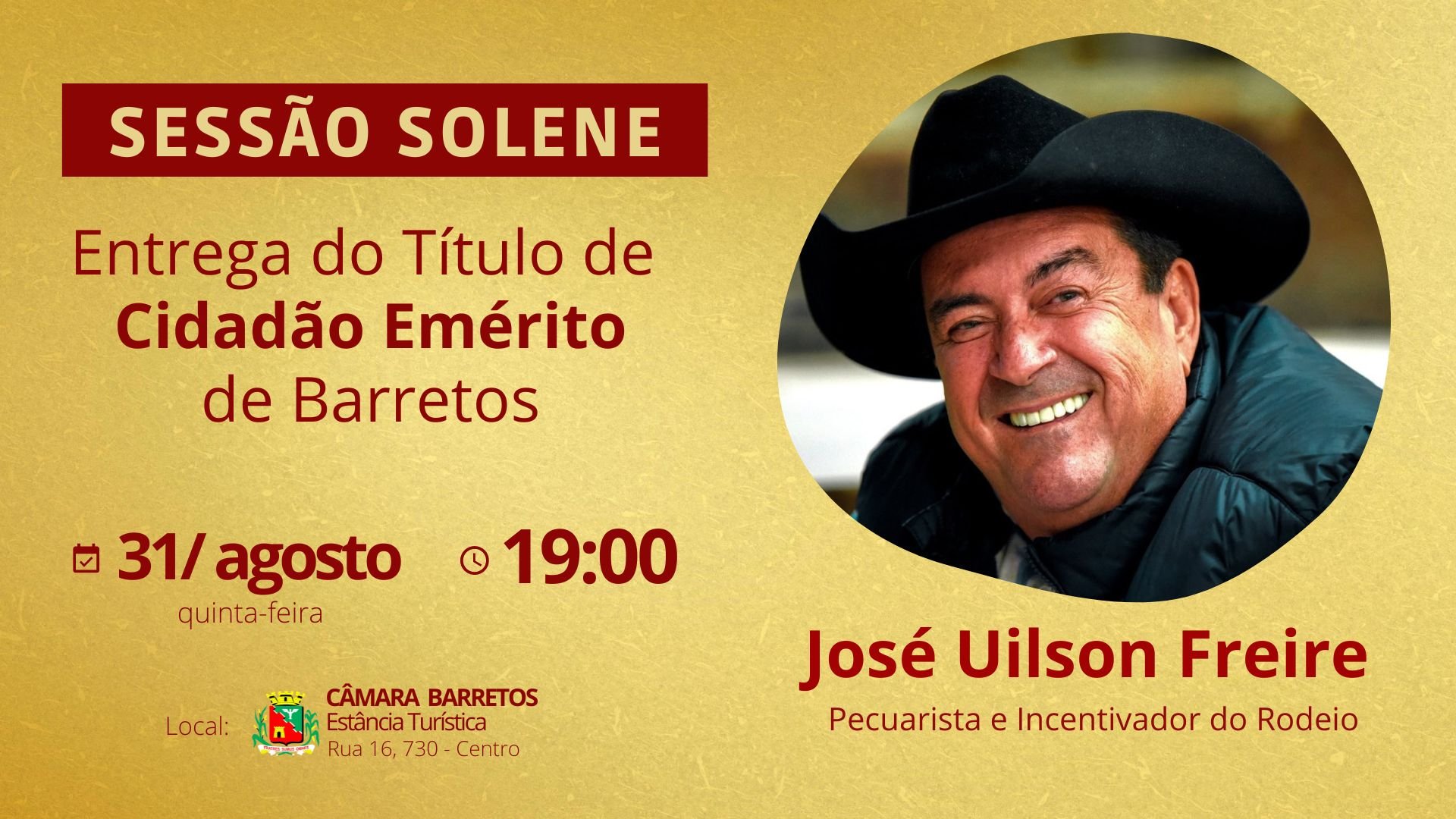 Câmara agenda entrega do Título de Cidadão Emérito de Barretos ao pecuarista José Uilson Freire