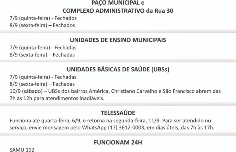 Confira o que abre e fecha no feriado da Independência em Barretos