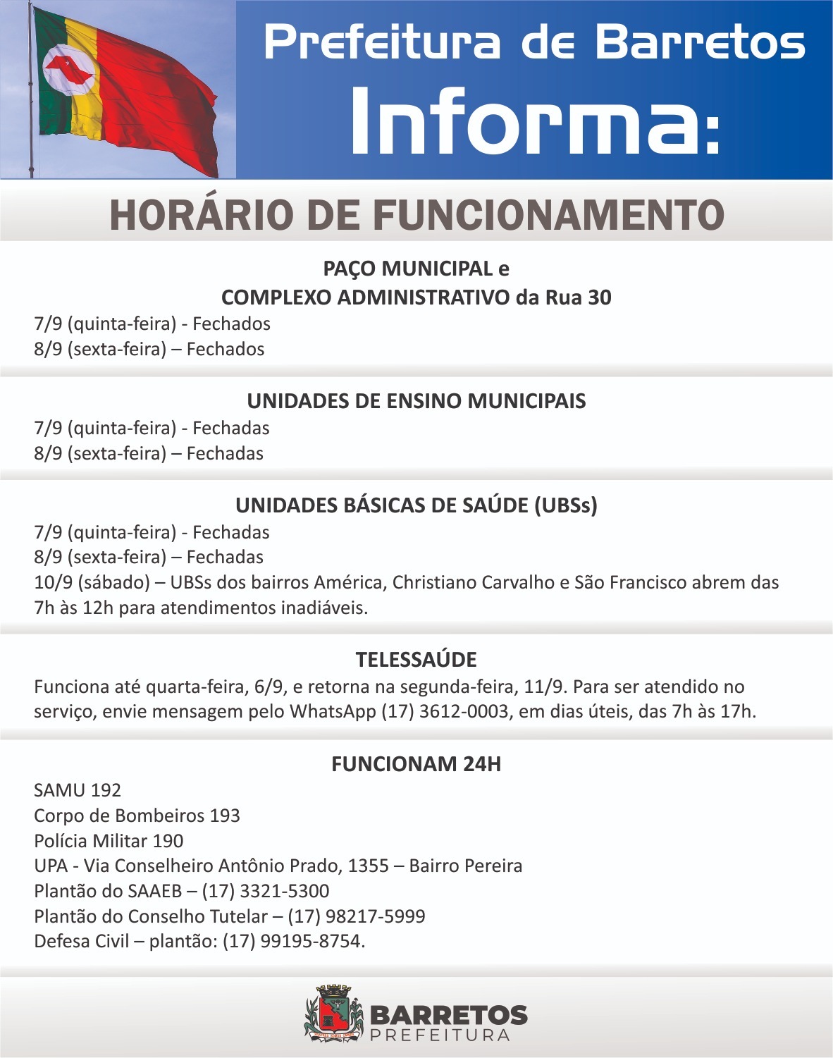 Confira o que abre e fecha no feriado da Independência em Barretos