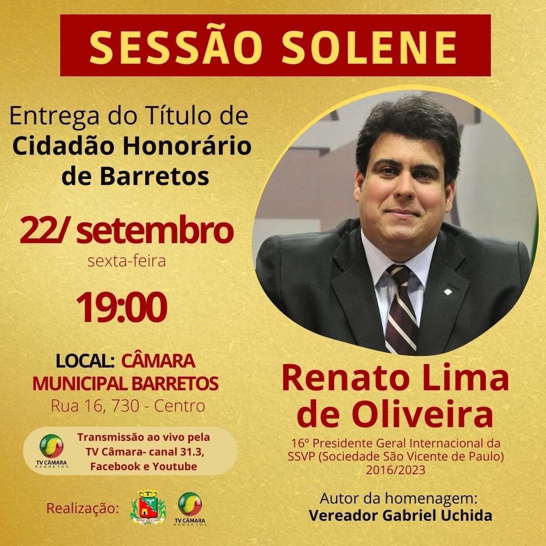 Câmara agenda homenagem a Renato Lima de Oliveira, Presidente Geral Internacional dos Vicentinos