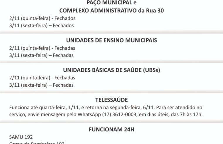 Dia de Finados: Confira o funcionamento das repartições públicas em Barretos no feriado