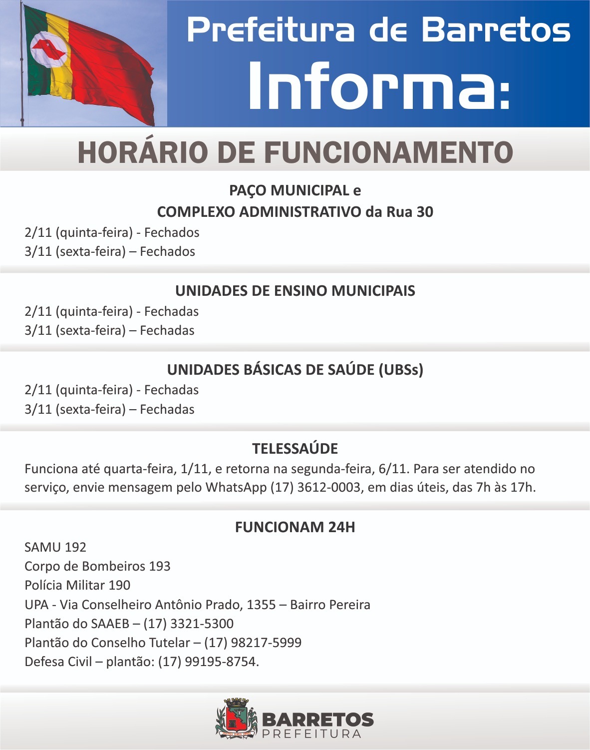 Dia de Finados: Confira o funcionamento das repartições públicas em Barretos no feriado