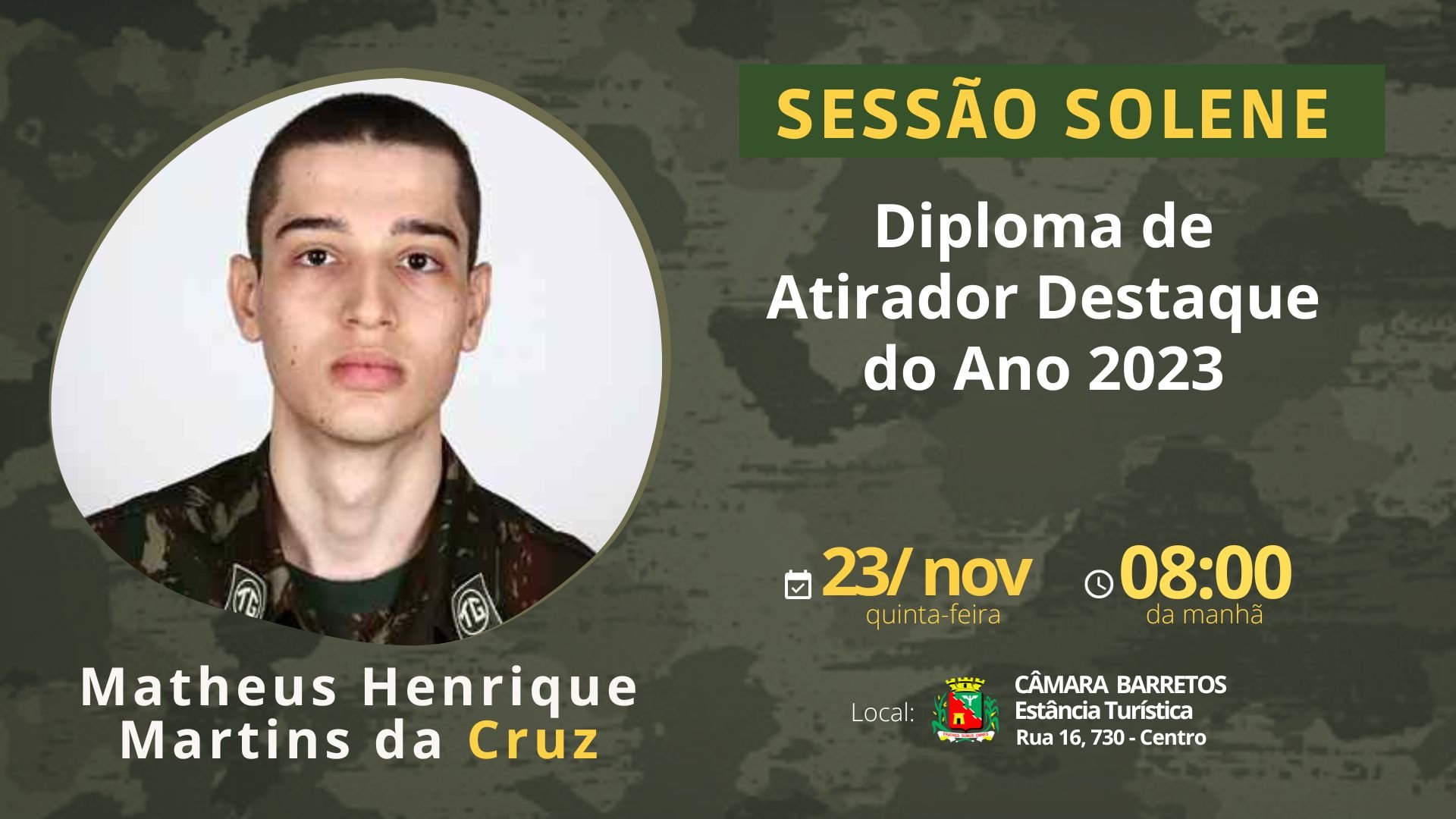 Câmara agenda Sessão Solene para homenagear jovem integrante do Tiro de Guerra