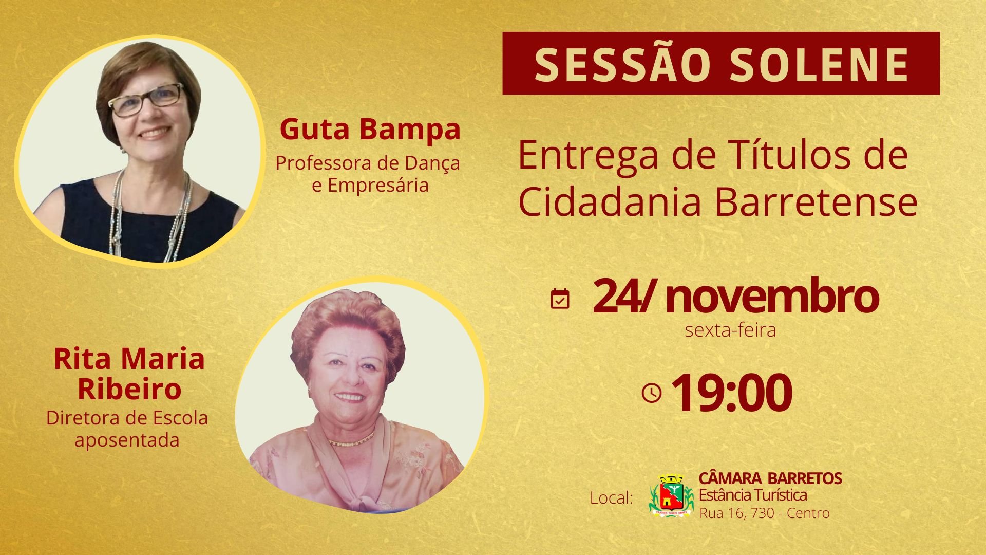 Guta Bampa e Rita Maria Ribeiro recebem Título de Cidadania Barretense no dia 24 de novembro