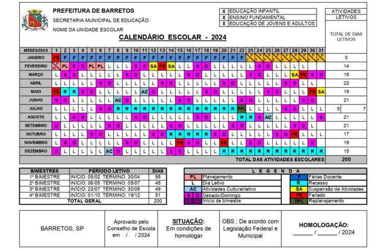 Prefeitura da Estância Turística de Barretos divulga Calendário Escolar 2024