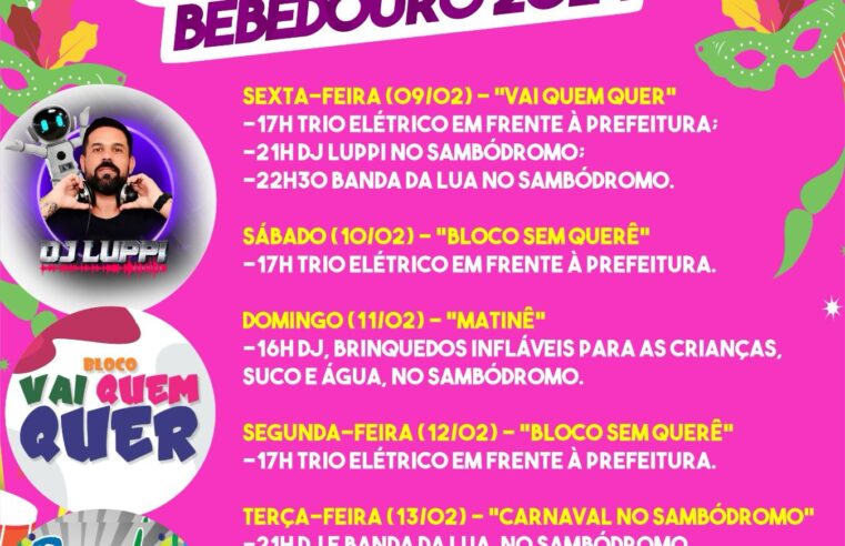 Carnaval 2024 de Bebedouro terá bloquinho, trio elétrico, dj e banda no sambódromo