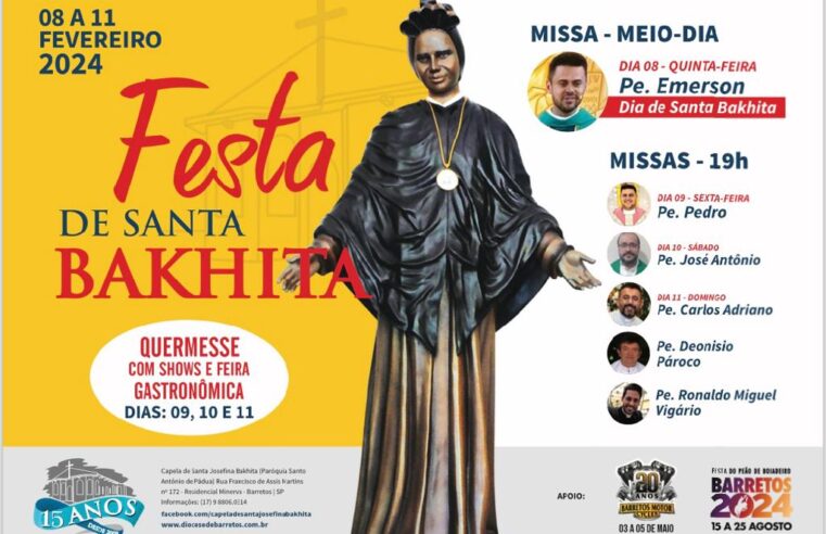 Festa de Santa Bakhita está confirmada para acontecer de 8 a 11 de fevereiro