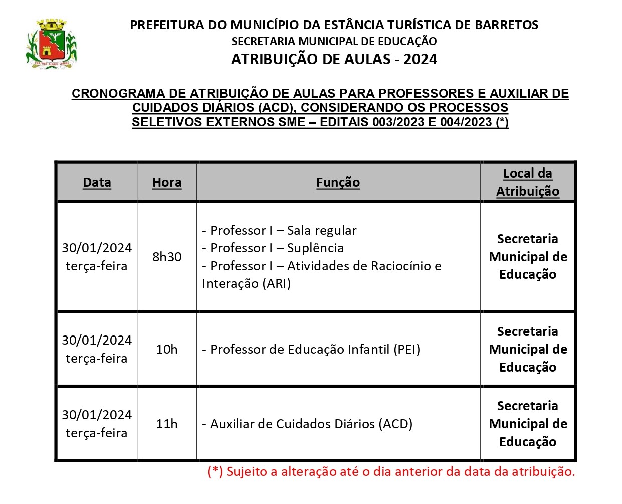 Prefeitura promove novas atribuições de aulas para Professores e Auxiliares de Cuidados Diários