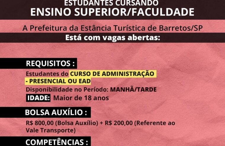 Prefeitura de Barretos abre novas vagas de estágio para estudantes de nível superior