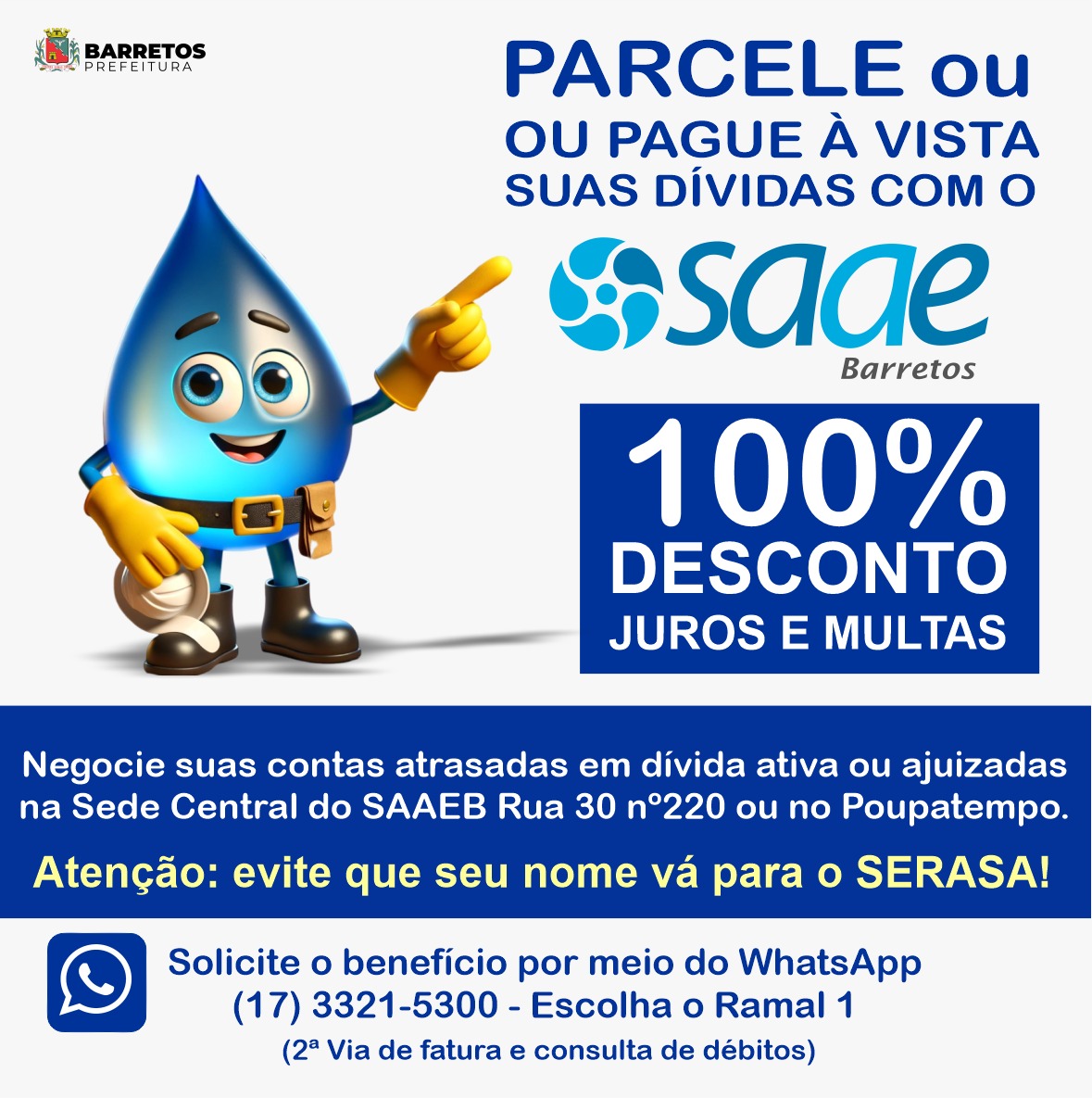 Barretenses têm oportunidade de parcelar dívidas com o SAAEB em até 11 parcelas com isenção total de multas e juros