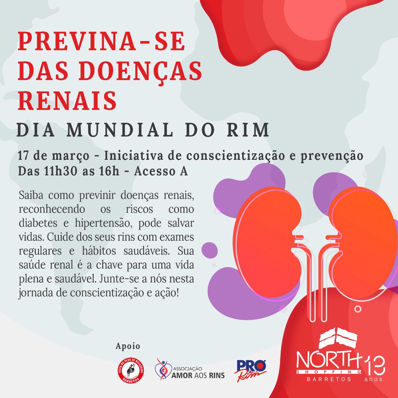 Ação sobre doenças renais acontece neste domingo no North Shopping