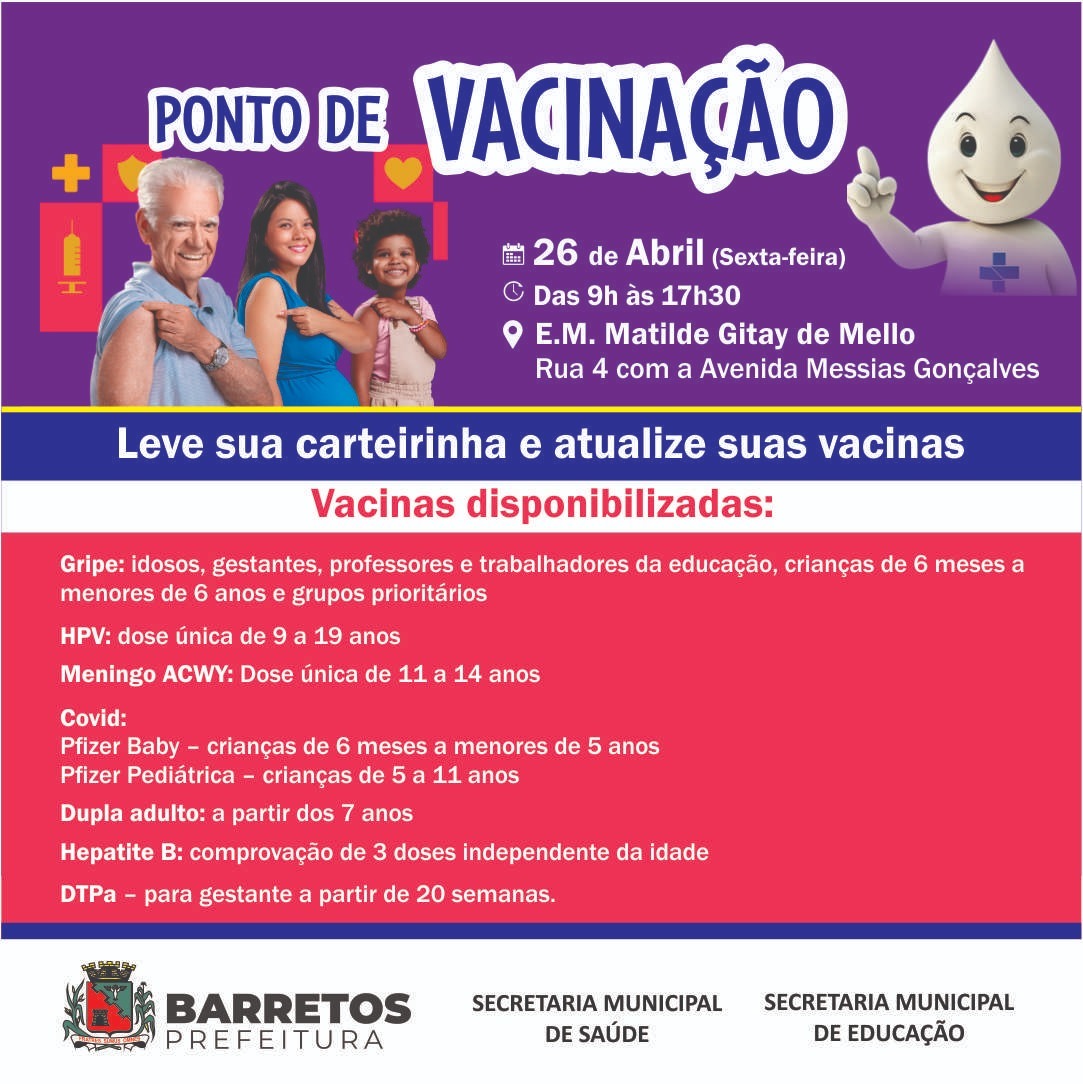 Escola Municipal Matilde Gitay de Mello será ponto de vacinação nesta sexta-feira, 26 de abril