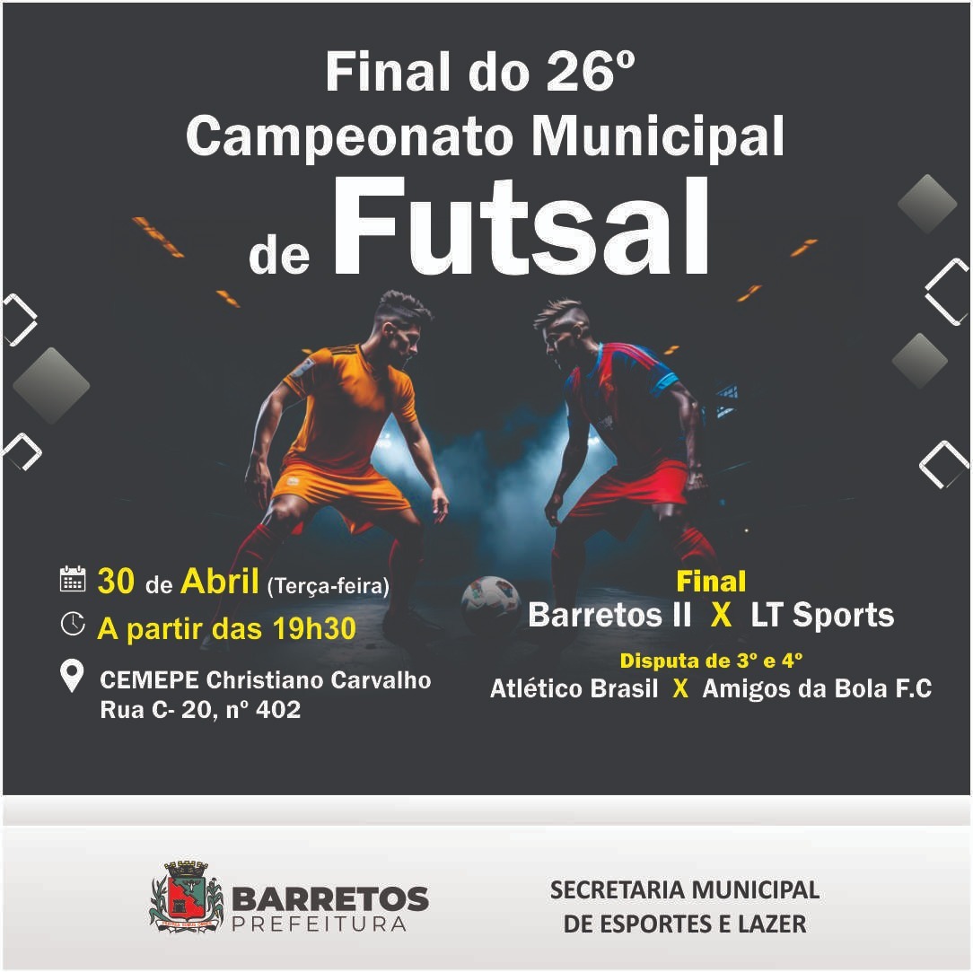 Final do 26° Campeonato Municipal de Futsal é nesta terça-feira, dia 30