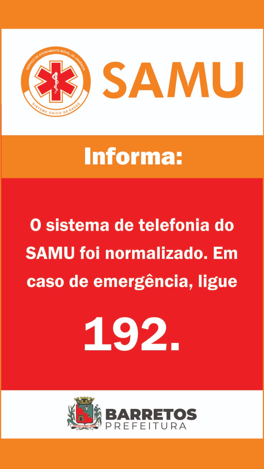 Orientação: Telefone 192 do SAMU tem funcionamento restabelecido