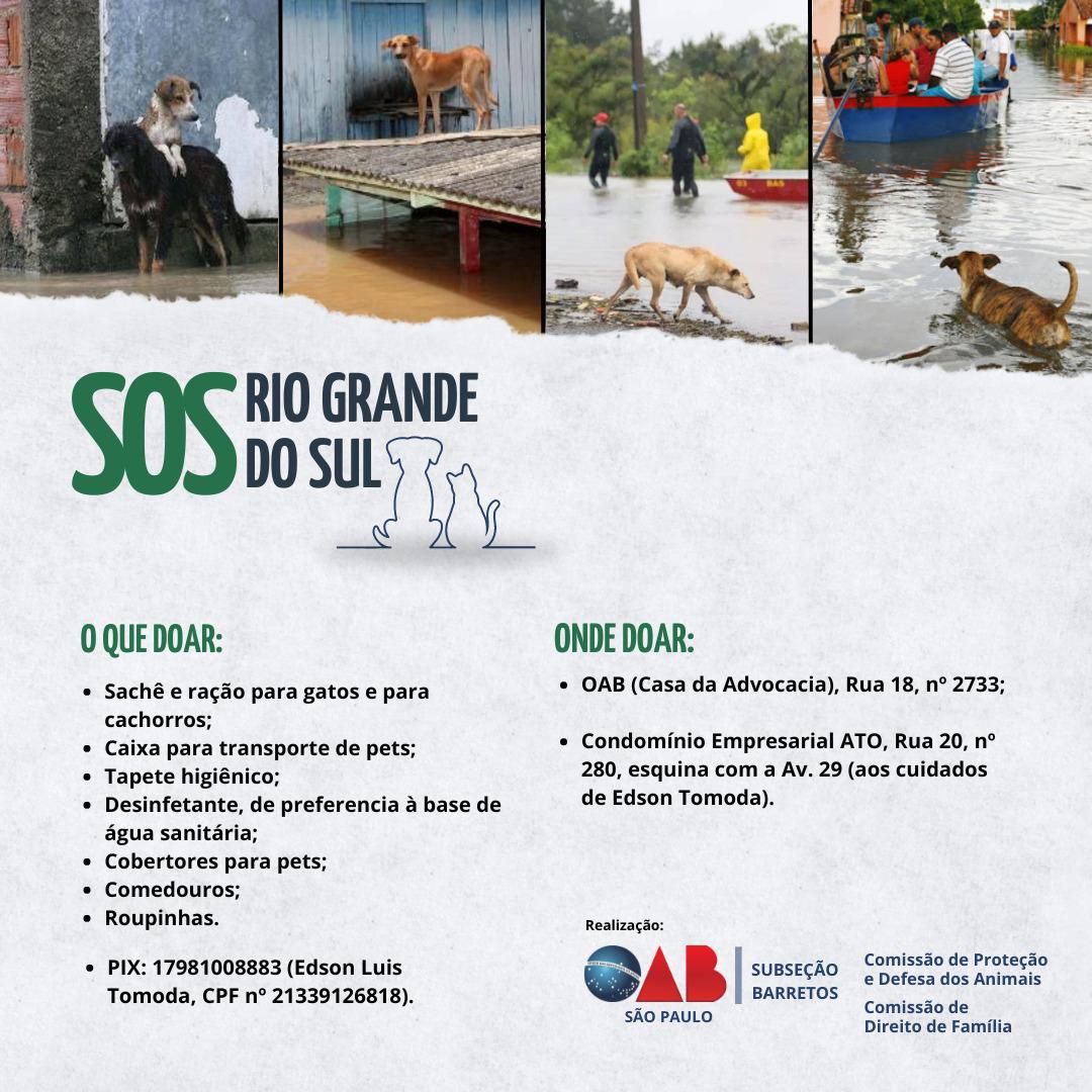 OAB Barretos arrecada doações também para pets afetados pela tragédia no Rio Grande do Sul