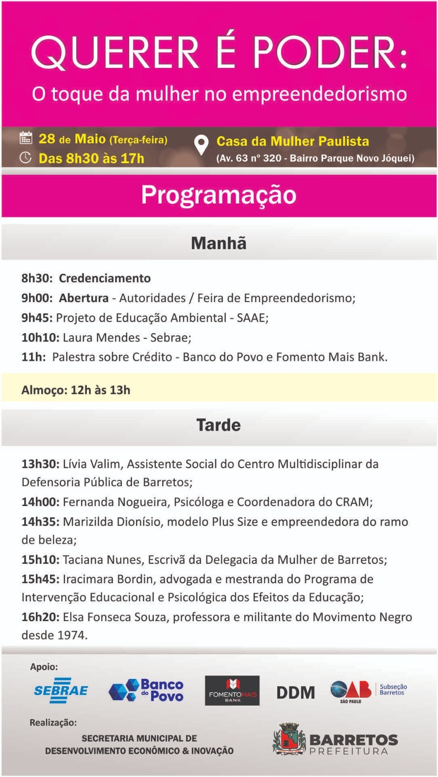 Prefeitura de Barretos divulga programação do evento “Querer é poder: o toque da mulher no empreendedorismo”