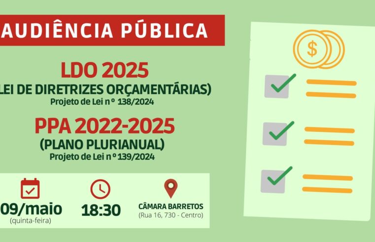 PARTICIPE ! Câmara agenda Audiência Pública para discutir LDO 2025 e adequações no PPA 2022-2025