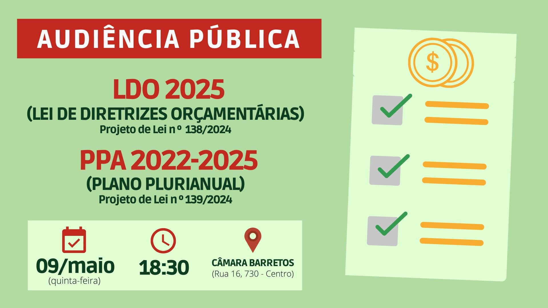 PARTICIPE ! Câmara agenda Audiência Pública para discutir LDO 2025 e adequações no PPA 2022-2025