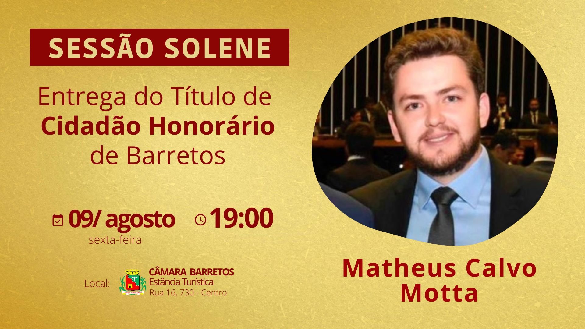 Câmara agenda entrega do Título de Cidadão Honorário de Barretos ao advogado Matheus Calvo Motta