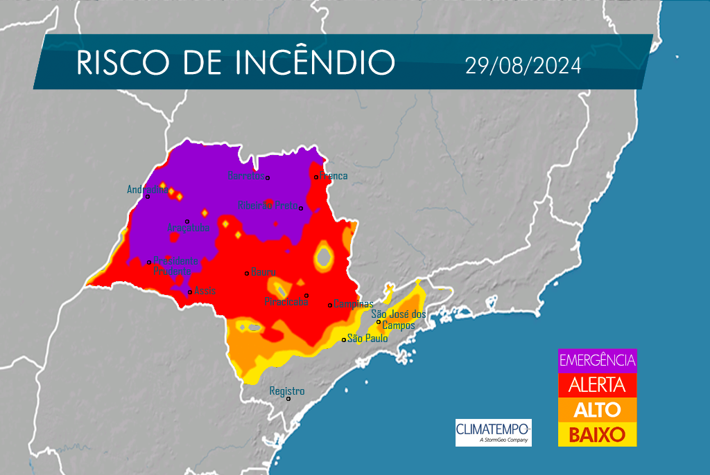 Com previsão de tempo quente e seco para os próximos dias, continua alerta para risco de incêndio no interior de São Paulo