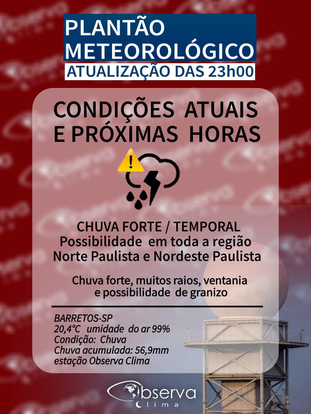 Alerta de chuvas durante a madrugada e amanhecer