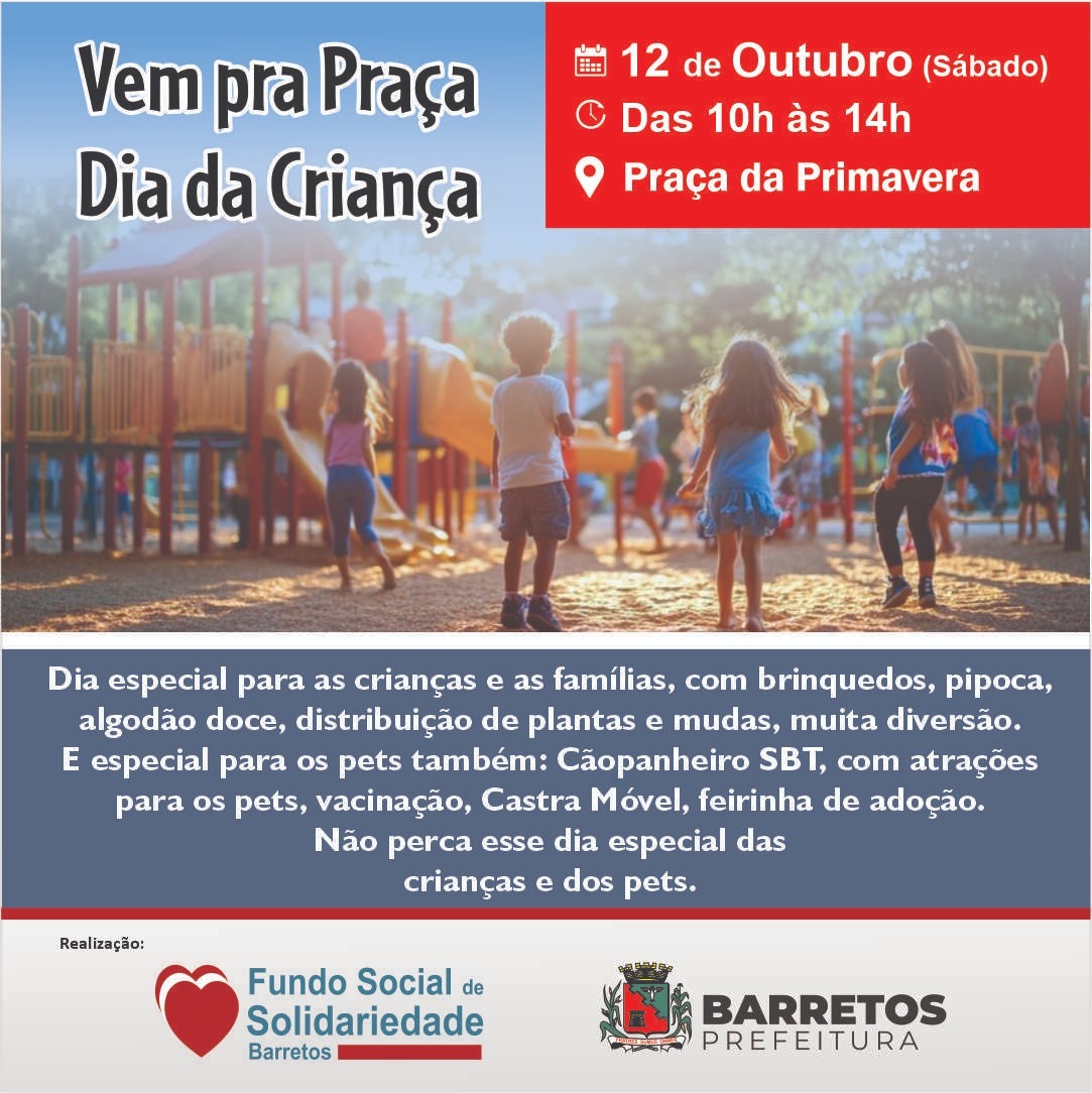 Praça da Primavera tem uma série de atrações para crianças, famílias e pets neste sábado, dia 12