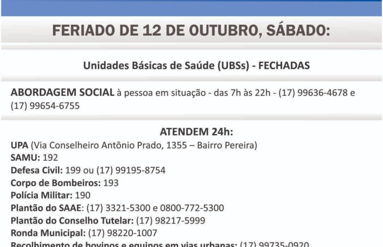 Confira como ficam os serviços em Barretos neste Feriado de 12 de outubro