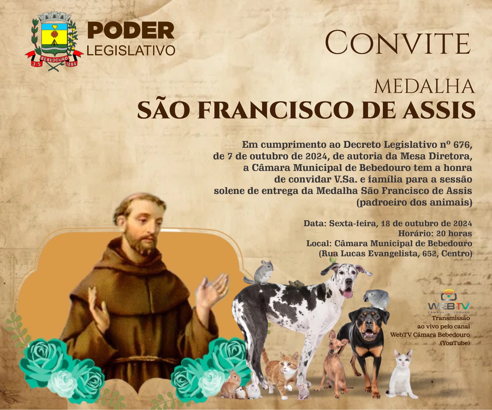 Câmara homenageia voluntários da causa animal nesta sexta-feira com a Medalha São Francisco de Assis