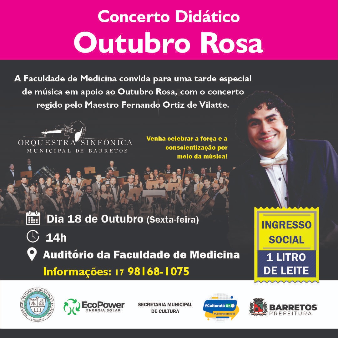 Orquestra Municipal realiza “Concerto Didático Outubro Rosa” na tarde des sexta, dia 18, na Facisb