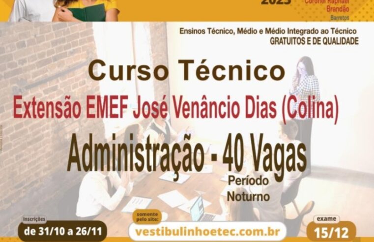 Curso técnico de Administração recebe inscrições em Colina