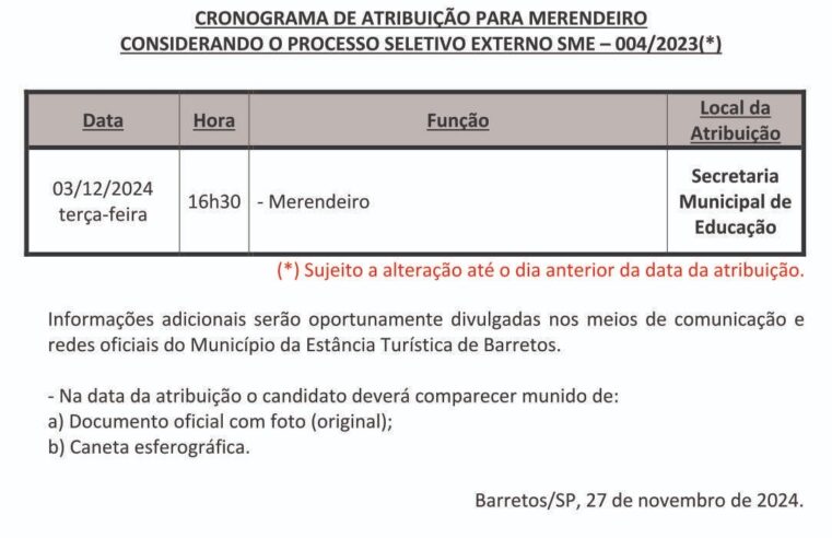 Prefeitura de Barretos realiza primeira atribuição de merendeiros para o ano letivo de 2025