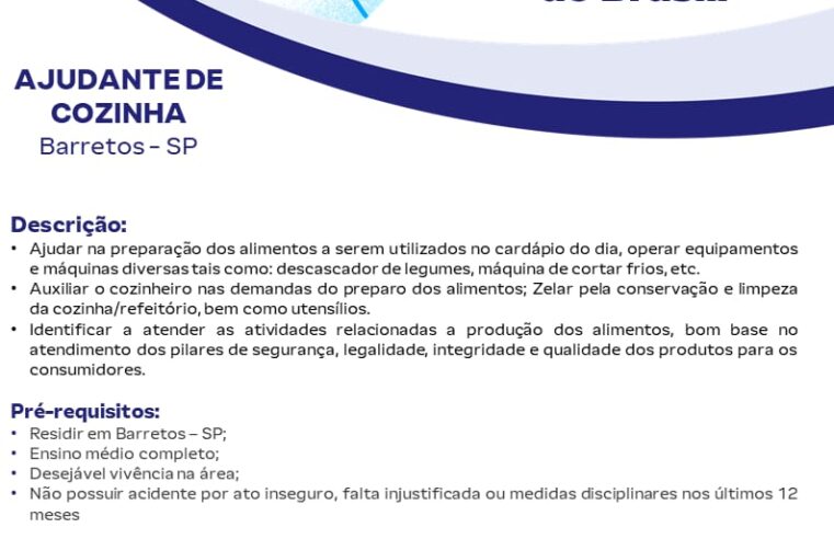Frigorífico oferece vagas de emprego para Auxiliar de Cozinha, Serviços Gerais e Limpeza Industrial