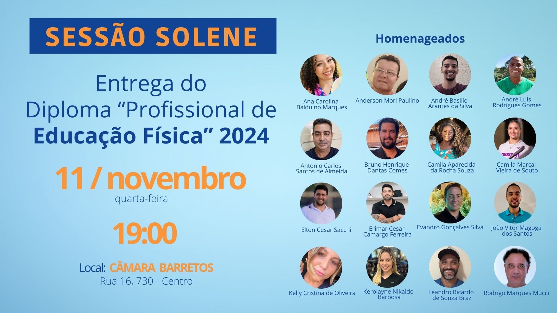 Câmara agenda Sessão Solene para a entrega do diploma Profissional de Educação Física 2024