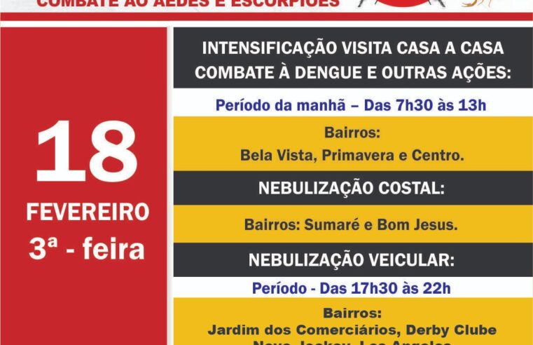 Saiba os bairros onde haverá trabalho do Controle de Vetores